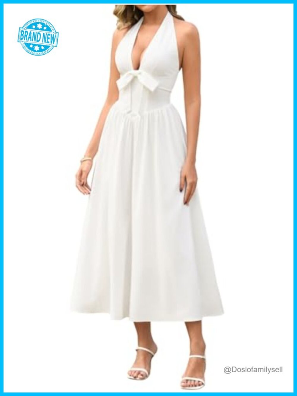Parthea Halter Bow Corset A-Line Midi Dress Sleeveless V-Neck